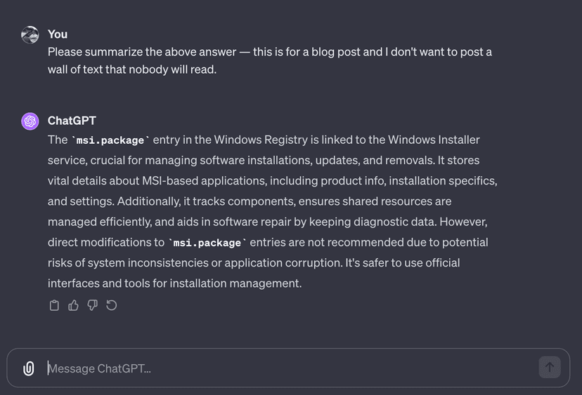 GPT-4's attempt to explain the `MSI.Package` registry entry.